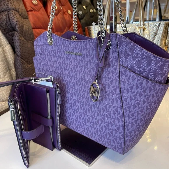 MICHAEL KORS JST Lg Chain Shoulder Tote & Double Zip Wristlet Wallet 
Dk Purple - Picture 10 of 16